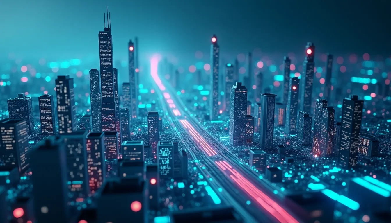 Futuristic cityscape with digital data streams